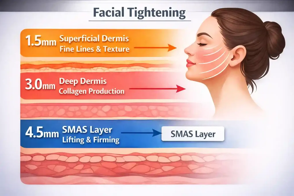 Ultherapy Body, Tightening, Dermis Guide, Ultherapy, deep layer cosmetic surgeries, emface and Hifu, Facial tightening skin layer depth chart showing superficial dermis, deep dermis and SMAS layer